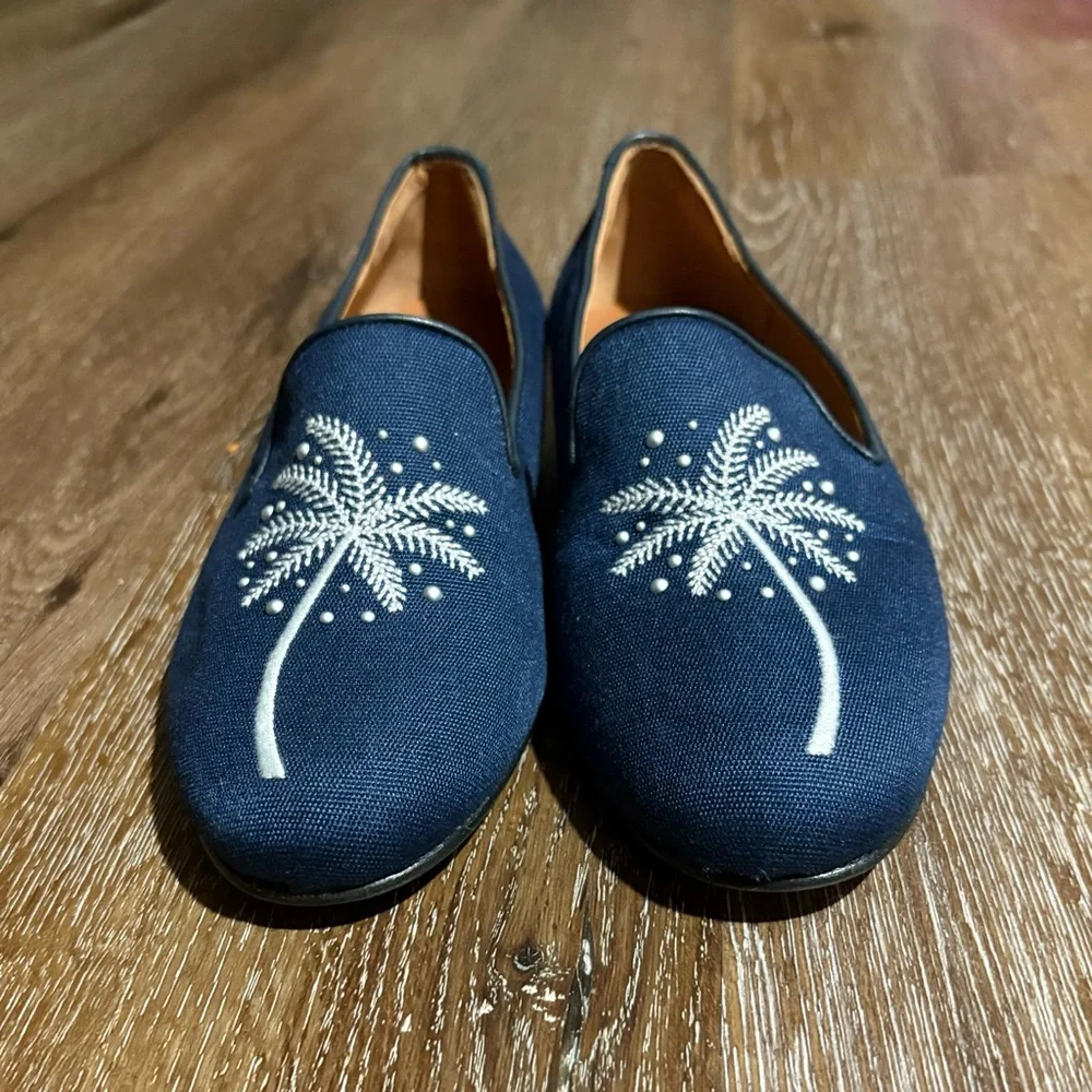 Jon Josef Spain Navy Palm Embellished Linen Loafer Slip On Size 7 Quiet Luxury
